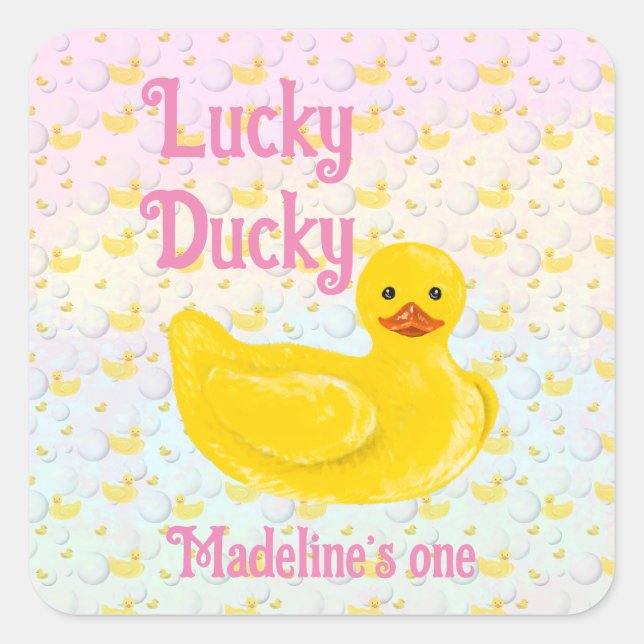 Lucky Ducky First Birthday Invitation Square Sticker (Front)