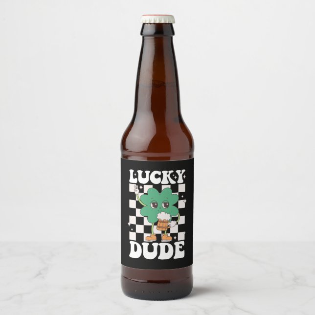 Lucky Dude Shamrock St Patricks Day Irish Groovy Beer Bottle Label (Front)