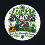 Lucky Family Squad Irish Shamrock St Patrick’s Day Round Clock<br><div class="desc">Celebrate family and Irish luck with this Lucky Family Squad design. Featuring classic shamrock elements and festive green style inspired by Saint Patrick’s Day, this design is perfect for matching family shirts, holiday parties, parades, and fun gatherings. A great gift idea for parents, kids, grandparents, and anyone proud to celebrate...</div>