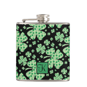 Lucky Four Leaf Clover St. Patrick Gift Monogram Hip Flask
