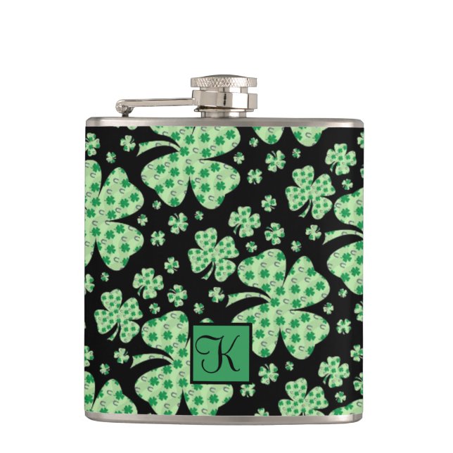 Lucky Four Leaf Clover St. Patrick Gift Monogram Hip Flask (Front)