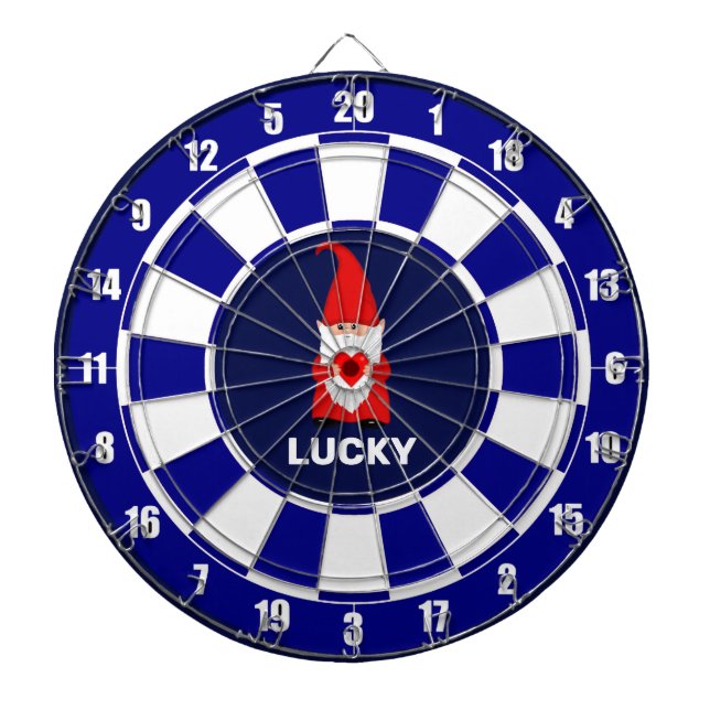 Lucky Gnome with Heart on Blue & White Dartboard (Front)