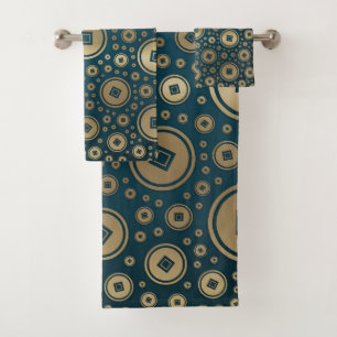 Lucky Gold Chinese coins pattern on dark teal Bath Towel Set