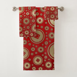 Lucky Gold Chinese coins pattern on red Bath Towel Set