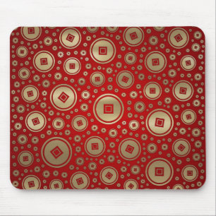Lucky Gold Chinese coins pattern on red Mouse Pad