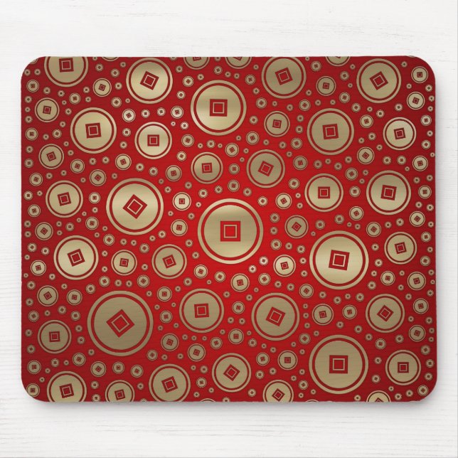 Lucky Gold Chinese coins pattern on red Mouse Pad (Front)