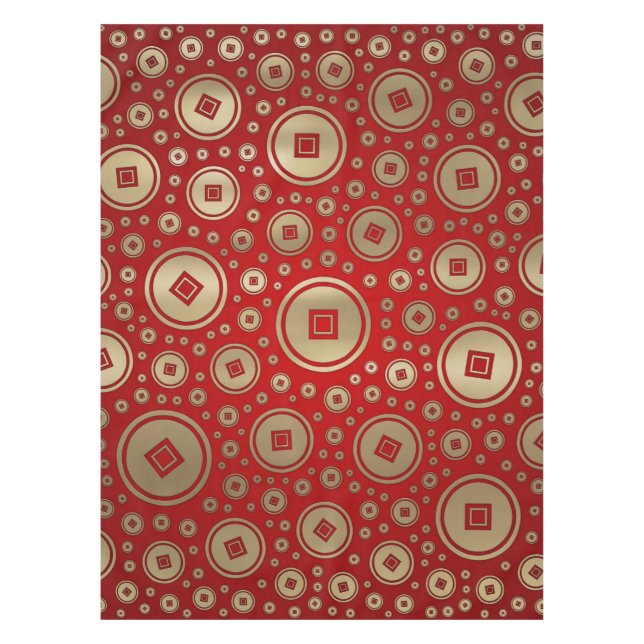 Lucky Gold Chinese coins pattern on red Tablecloth (Front)