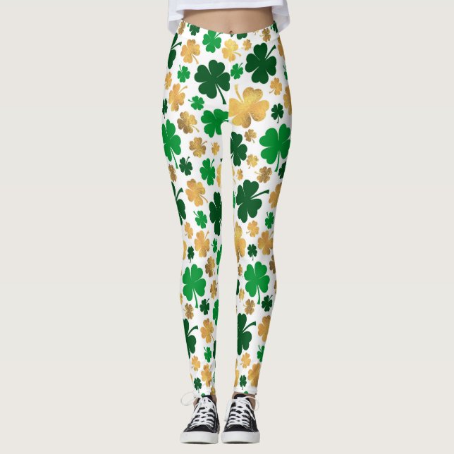Lucky Gold Foil Four Leaf Clover Shamrock Pattern Leggings (Front)