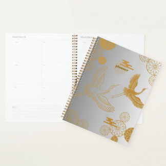 Lucky gold Japanese crane pattern 《White×Silver》 j Planner