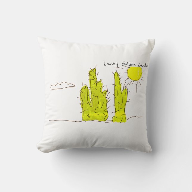Lucky Golden Cactus Doodle Funky Throw Pillow (Front)