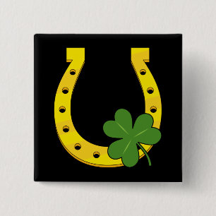 Lucky Golden Horseshoe with Shamrock on Black 15 Cm Square Badge