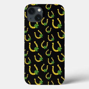 Lucky Golden Horseshoe with Shamrock on Black iPhone 13 Case