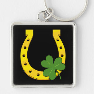 Lucky Golden Horseshoe with Shamrock on Black Key Ring