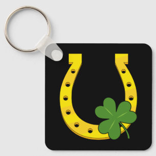 Lucky Golden Horseshoe with Shamrock on Black Key Ring