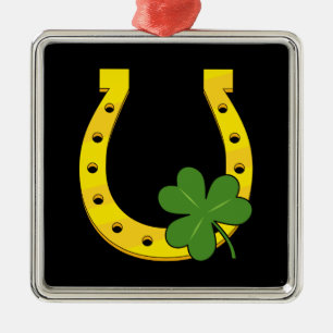 Lucky Golden Horseshoe with Shamrock on Black Metal Tree Decoration