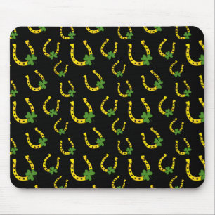 Lucky Golden Horseshoe with Shamrock on Black Mouse Pad