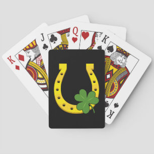 Lucky Golden Horseshoe with Shamrock on Black Playing Cards
