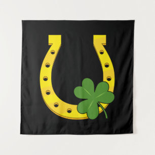Lucky Golden Horseshoe with Shamrock on Black Tapestry
