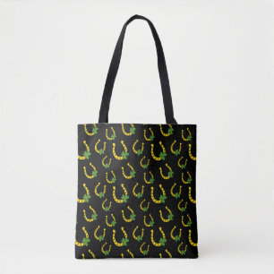 Lucky Golden Horseshoe with Shamrock on Black Tote Bag
