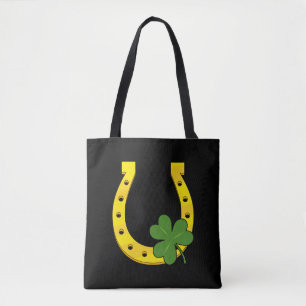 Lucky Golden Horseshoe with Shamrock on Black Tote Bag