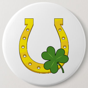 Lucky Golden Horseshoe with Shamrock on White 6 Cm Round Badge