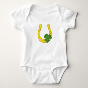 Lucky Golden Horseshoe with Shamrock on White Baby Bodysuit