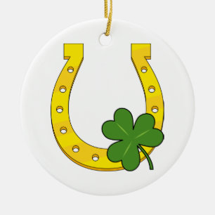 Lucky Golden Horseshoe with Shamrock on White Ceramic Tree Decoration