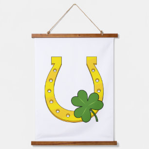 Lucky Golden Horseshoe with Shamrock on White Hanging Tapestry