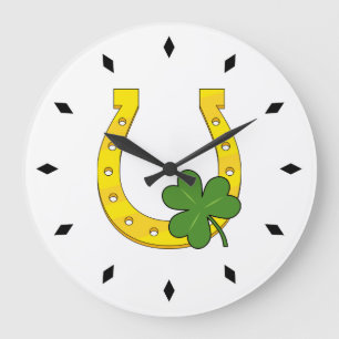 Lucky Golden Horseshoe with Shamrock on White Large Clock