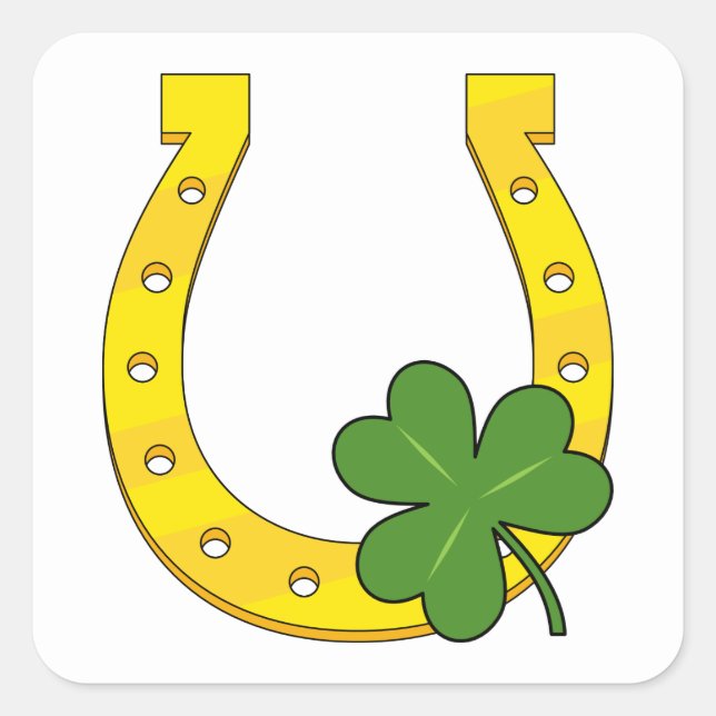Lucky Golden Horseshoe with Shamrock on White Square Sticker (Front)