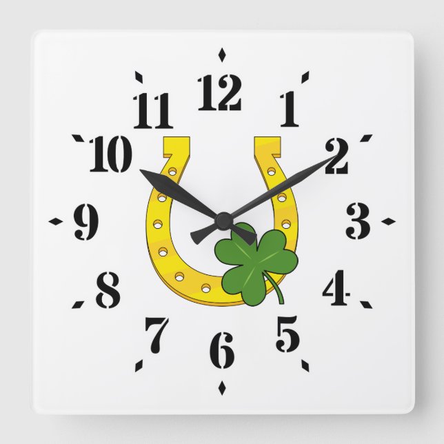 Lucky Golden Horseshoe with Shamrock on White Square Wall Clock (Front)