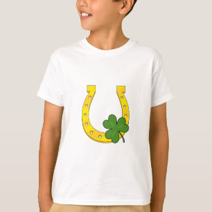 Lucky Golden Horseshoe with Shamrock on White T-Shirt