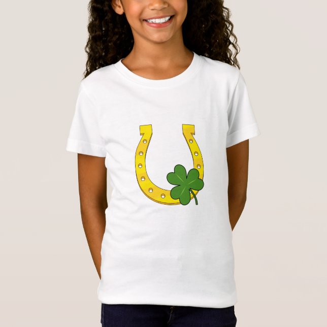 Lucky Golden Horseshoe with Shamrock on White T-Shirt (Front)