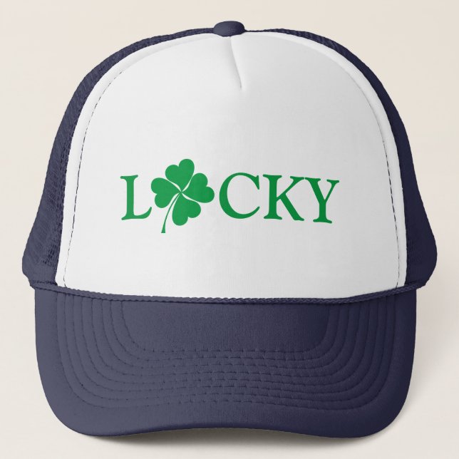Lucky Green Clover shamrock St. Patrick's Day Trucker Hat (Front)