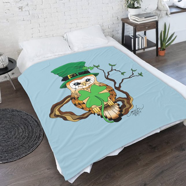 Lucky Green Cute Irish Owl Illustration Fleece Blanket (Creator Uploaded)