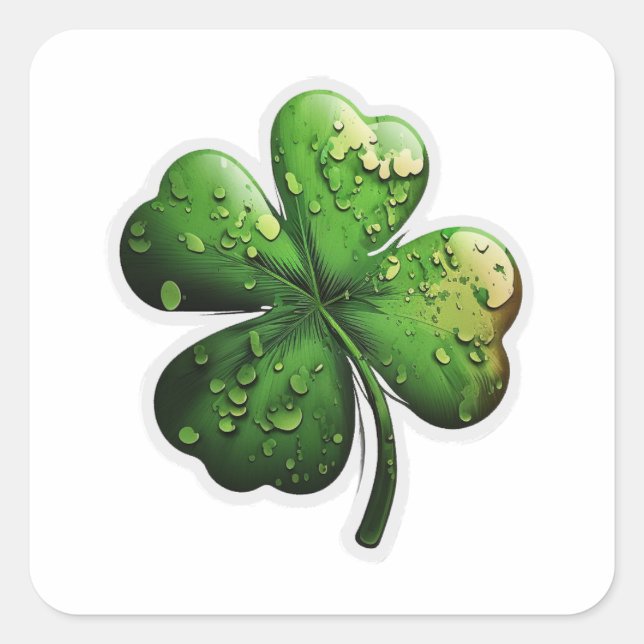 Lucky Green Four Leaf Clover with Dew Square Sticker (Front)