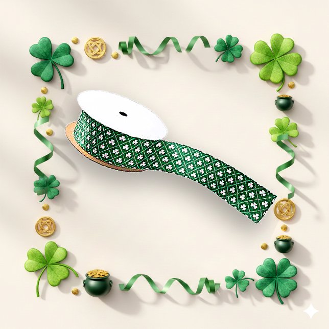 Lucky Green Shamrock Diamond Lattice Pattern Satin Ribbon (Creator Uploaded)