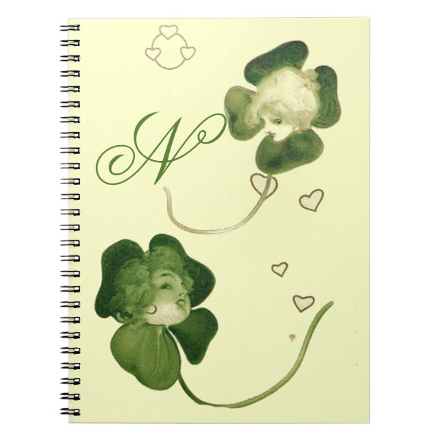 LUCKY GREEN SHAMROCK LADIES WITH HEARTS MONOGRAM NOTEBOOK (Front)