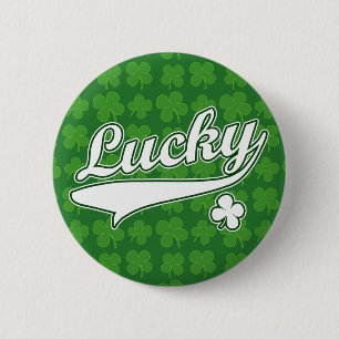 Lucky, Green/White 4 Leaf Clover 6 Cm Round Badge