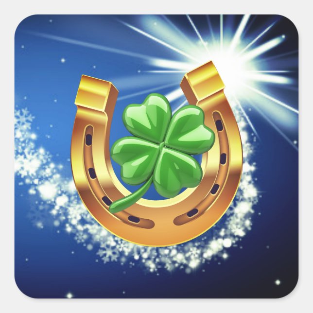 Lucky horseshoe 4 leaf clover shooting star blue square sticker (Front)