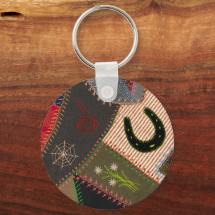 Lucky Horseshoe Colourful Patchwork Crazy Quilt Key Ring