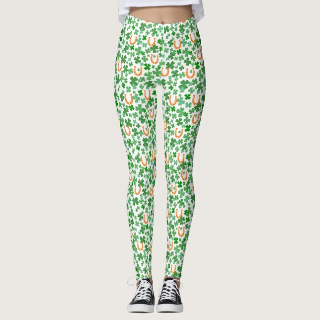 Lucky Horseshoe Four Leaf Clover St Patrick's Day Leggings (Front)