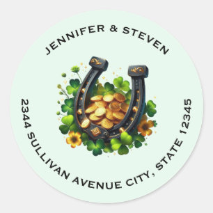 Lucky Horseshoe Gold Coins and Clover Address Classic Round Sticker