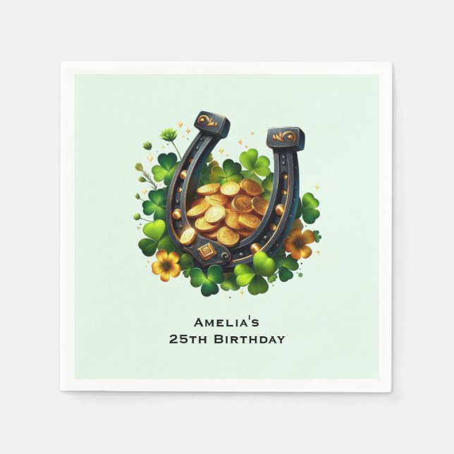 Lucky Horseshoe Gold Coins and Clover Birthday Napkin (Front)