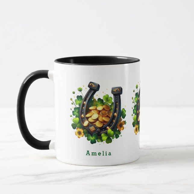 Lucky Horseshoe Gold Coins and Clover Mug (Left)