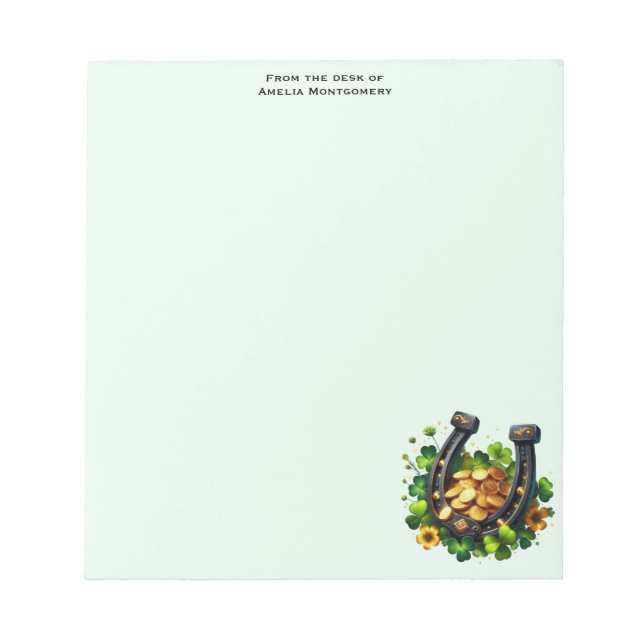 Lucky Horseshoe Gold Coins and Clover Notepad (Front)