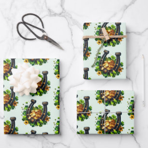 Lucky Horseshoe Gold Coins and Clover Pattern Wrapping Paper Sheet