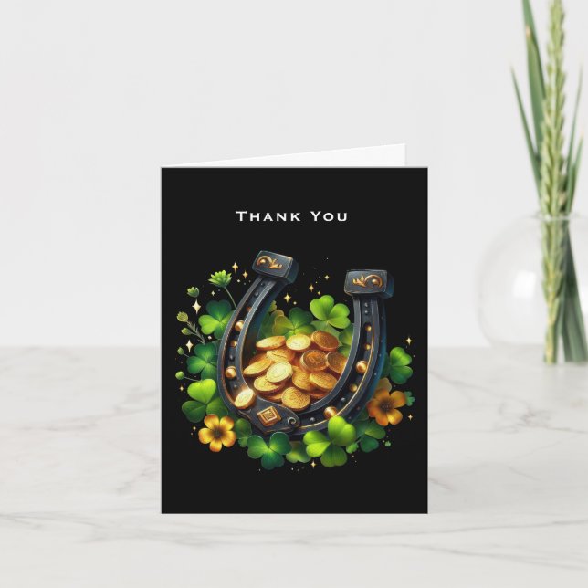 Lucky Horseshoe Gold Coins and Clover Thank You Card (Front)