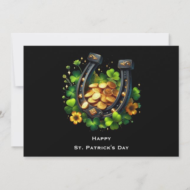Lucky Horseshoe & Gold Coins St. Patrick's Day Holiday Card (Front)