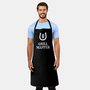 Lucky horseshoe logo monogram black BBQ apron
